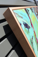 Load image into Gallery viewer, Abstract multicoloured oil painting of a creek, surrounded by trees. View of frame.
