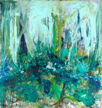 Load image into Gallery viewer, Abstract painting of a forest in lovely shades of turquoise and aqua.

