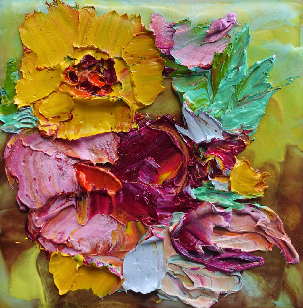 Oil and texture in this cute artwork with mustard, pink and green tones.