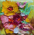 Oil and texture in this cute artwork with mustard, pink and green tones.