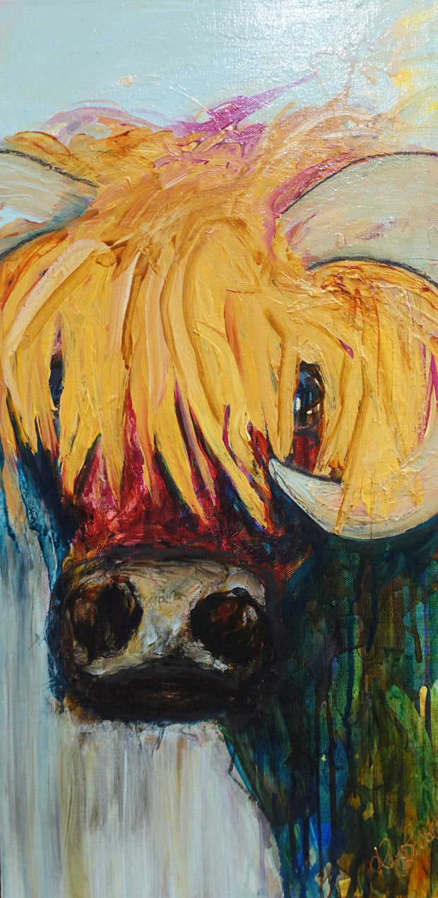 Blondie is a painting of a gorgeous bovine with long blonde hair, painting show in entirety.