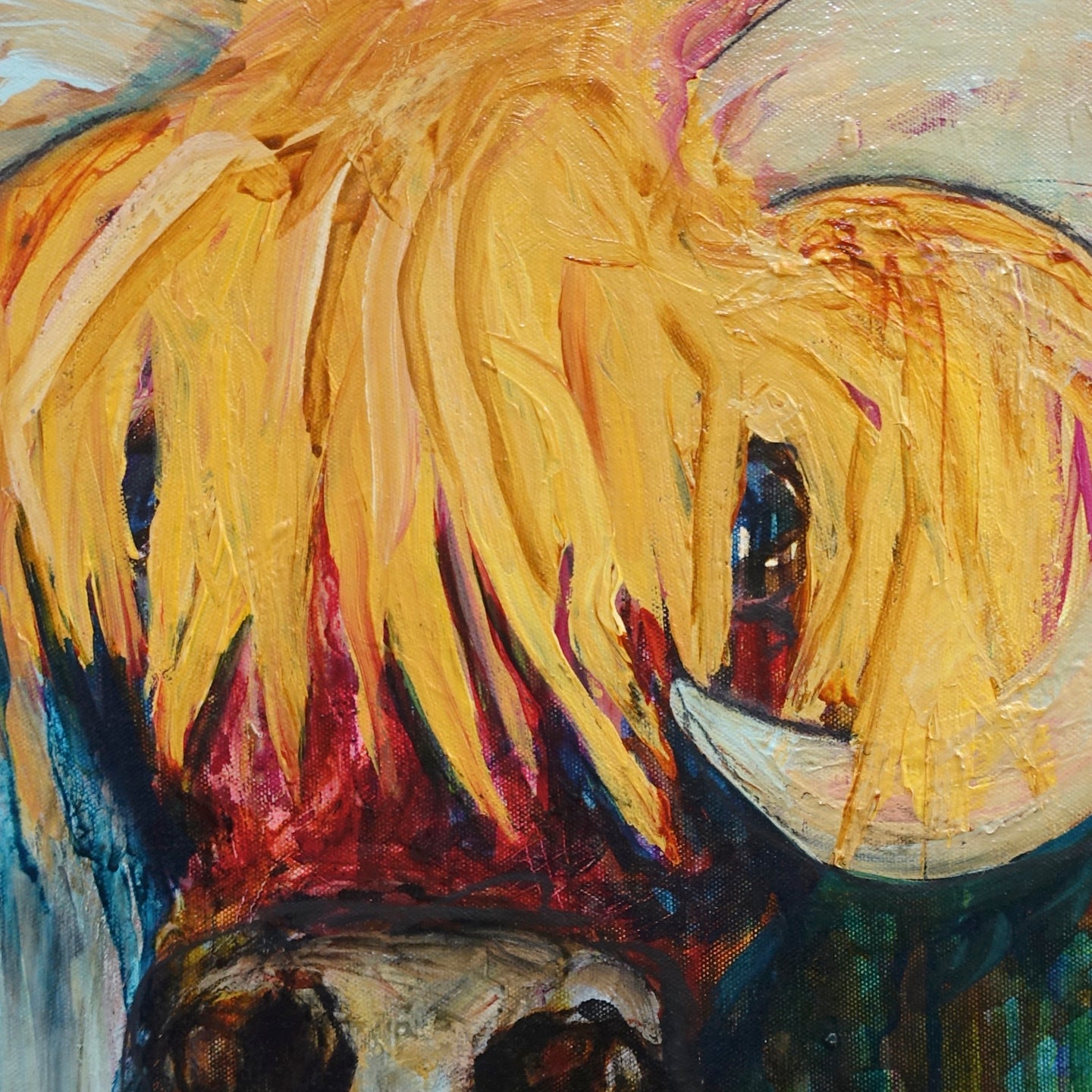 Blondie is a painting of a gorgeous bovine with long blonde hair.