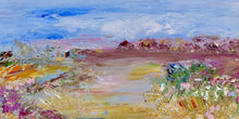 Load image into Gallery viewer, Abstract painting of a field in shades of pink, orange and yellow against a blue sky.
