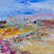 Load image into Gallery viewer, Abstract painting of a field in shades of pink, orange and yellow against a blue sky. Square view.
