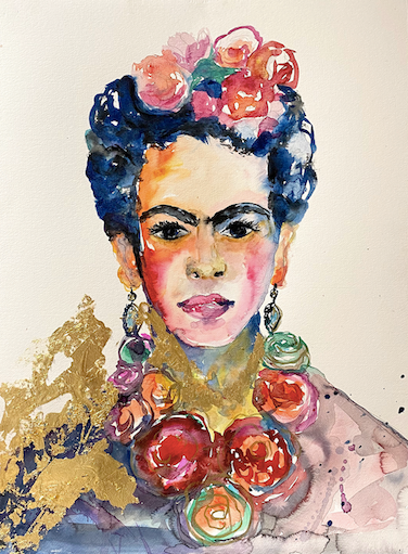 Original Painting of Frida Kahlo on a cream background, acrylic on archival art paper, 56cm x 76cm, framed in white frame, behind glass.  