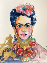 Load image into Gallery viewer, Original Painting of Frida Kahlo on a cream background, acrylic on archival art paper, 56cm x 76cm, framed in white frame, behind glass.  
