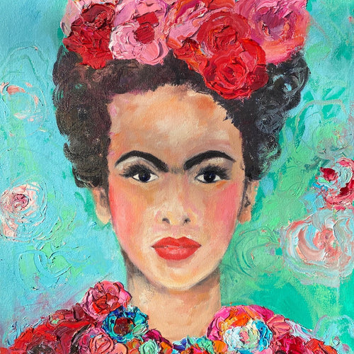 A beautiful and colourful print of Frida Kahlo with red and pink flowers in Frida's hair against a turquoise and aqua background.