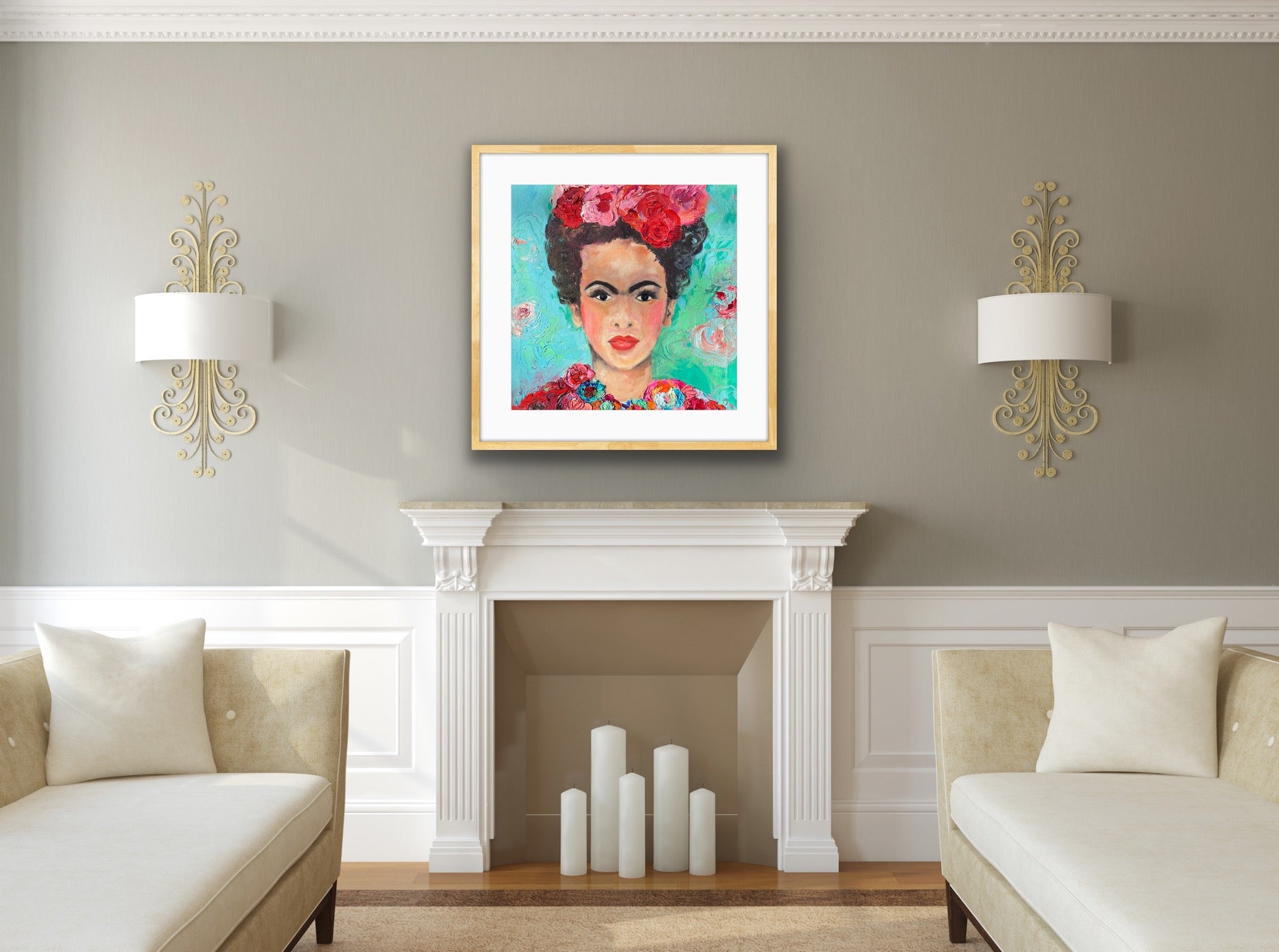 A beautiful and colourful print of Frida Kahlo with red and pink flowers in Frida's hair against a turquoise and aqua background framed in Tasmanian Oak.
