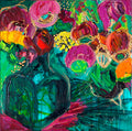 A magnificent bunch of vibrant blooms in a turquoise glass vase against a turquoise, green and magenta background.