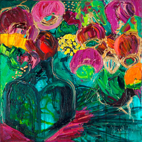 A magnificent bunch of vibrant blooms in a turquoise glass vase against a turquoise, green and magenta background.