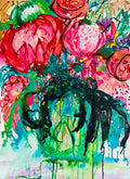 Original artwork on 500gsm paper by Kerry Bruce featuring a Vase of flowers with a mass of vibrant colourful blooms and shades of hot pink, pale pink, turquoise, aqua and green.