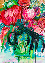 Load image into Gallery viewer, Original artwork on 500gsm paper by Kerry Bruce featuring a Vase of flowers with a mass of vibrant colourful blooms and shades of hot pink, pale pink, turquoise, aqua and green.
