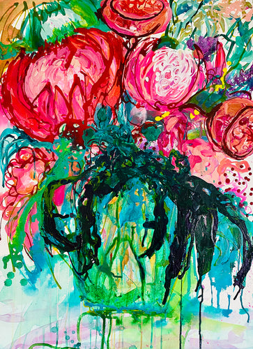 Original artwork on 500gsm paper by Kerry Bruce featuring a Vase of flowers with a mass of vibrant colourful blooms and shades of hot pink, pale pink, turquoise, aqua and green.
