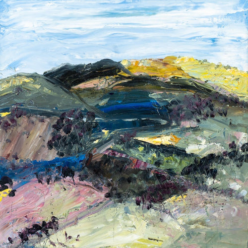 Abstract landscape with the countryside painted in yellow, pink, green and blue.