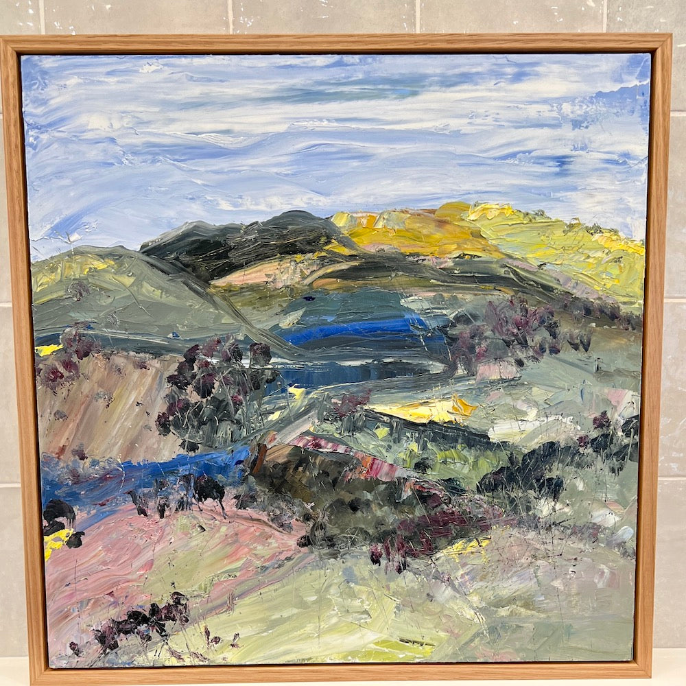 Abstract landscape with the countryside painted in yellow, pink, green and blue. Framed view.