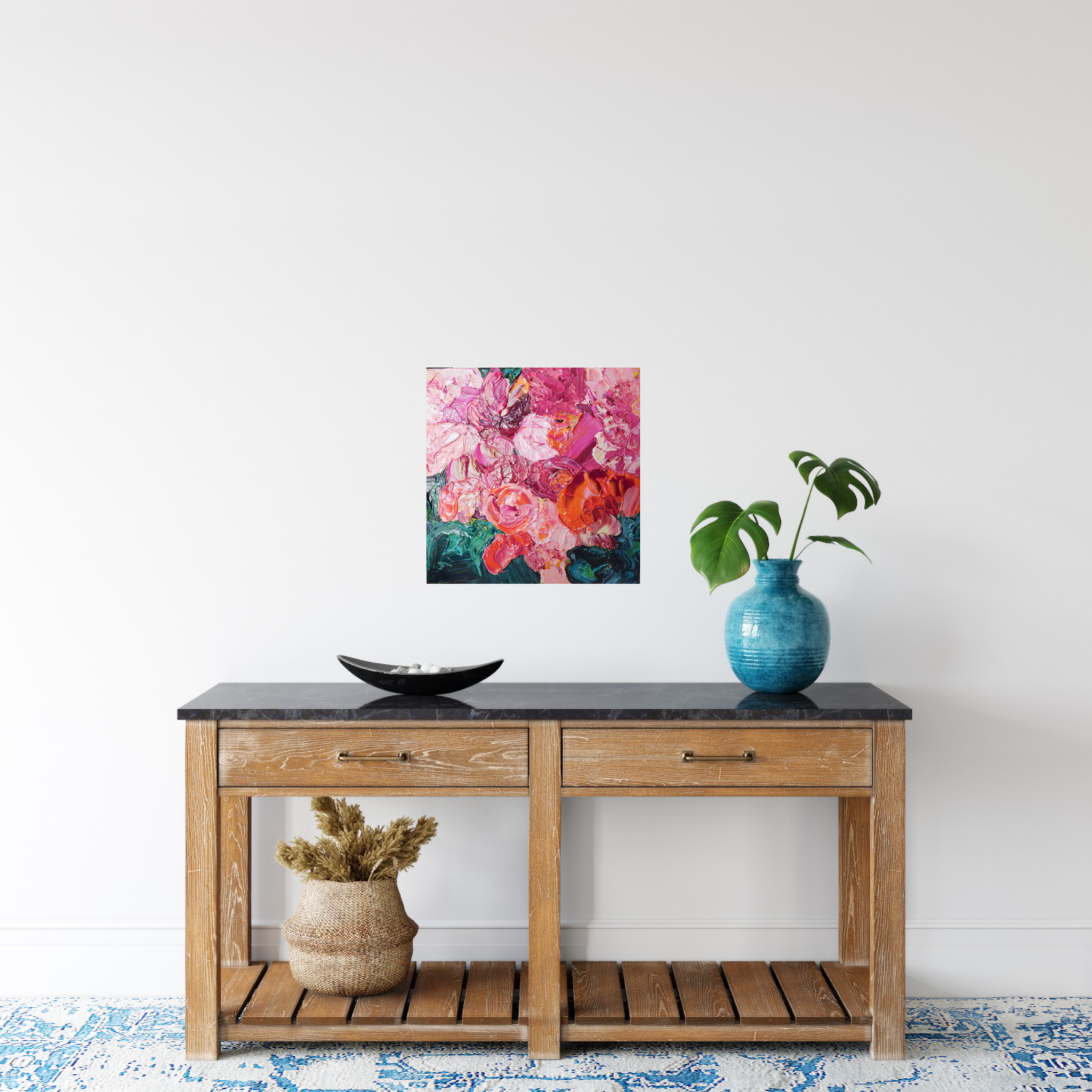 Paris is an original painting of a mass of hot pink, pale pink and orange flowers on a dark turquoise background by artist Kerry Bruce, acrylic on canvas, 39cm x 39cm.