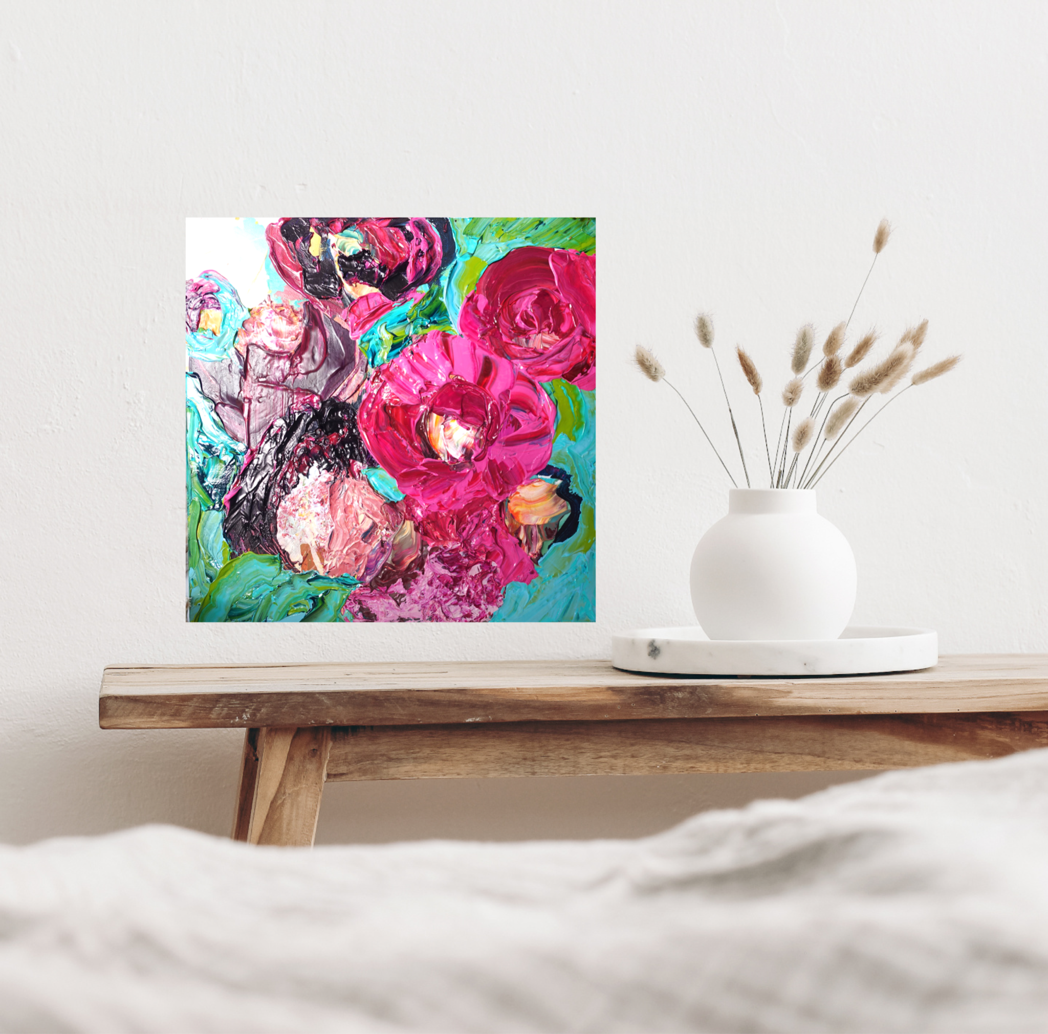 Chaumont is an original painting of a mass of hot pink and pale pink flowers on a turquoise, aqua and white background, by artist Kerry Bruce, Acrylic on canvas, 39cm x 39cm.