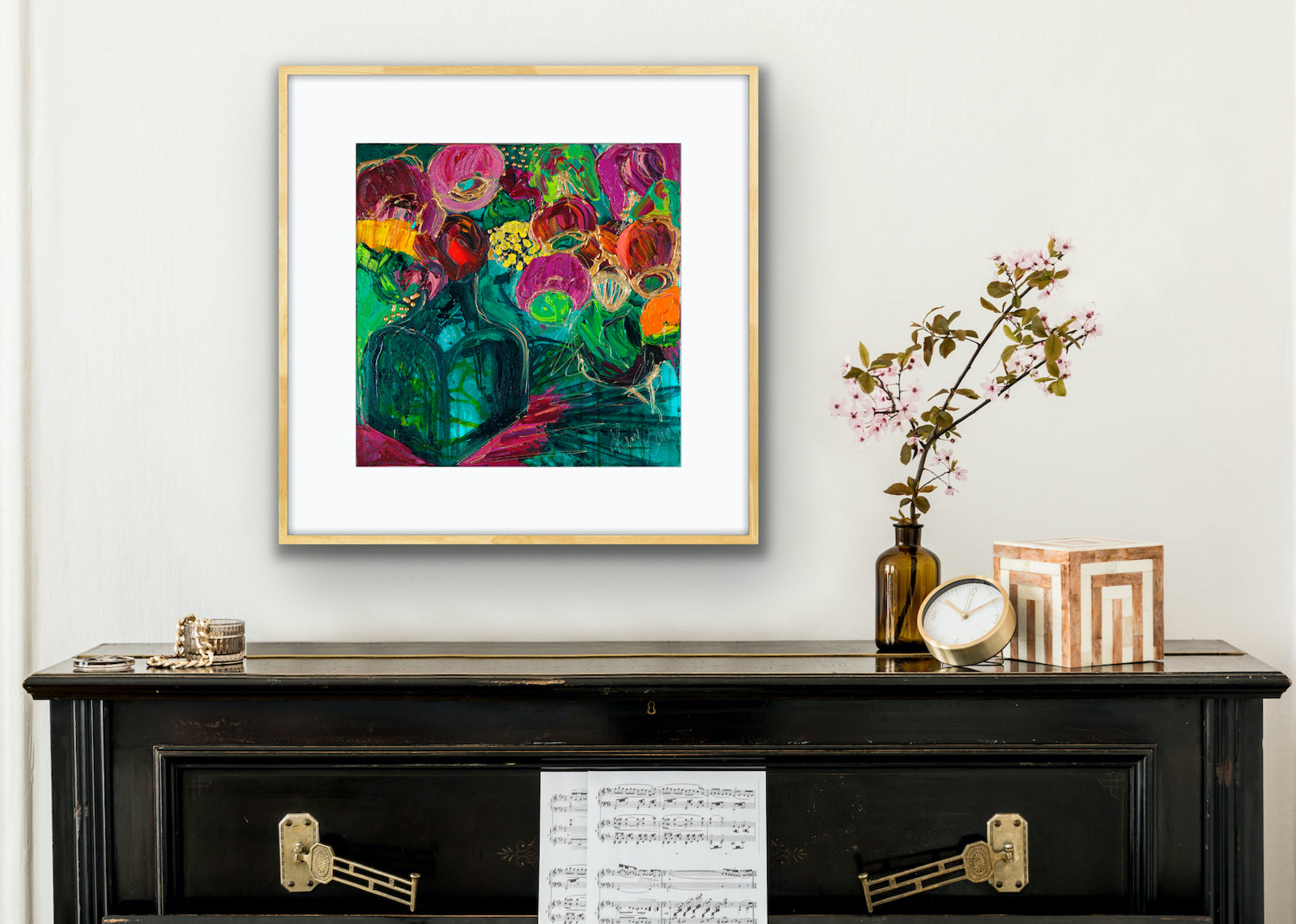 A magnificent bunch of vibrant blooms in a turquoise glass vase against a turquoise, green and magenta background. in a Tasmanian Oak frame.