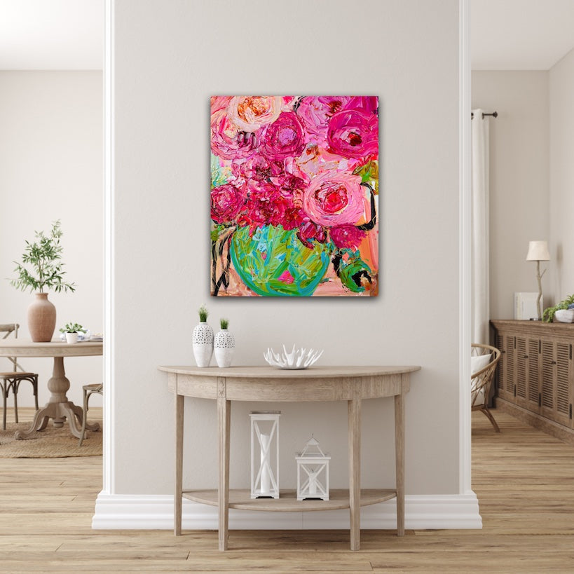 I Love Pink is an original painting with varying shades of pink blooms in a green vase. 50cm x 60cm, acrylic on linen, framed in a Tassie Oak box frame.