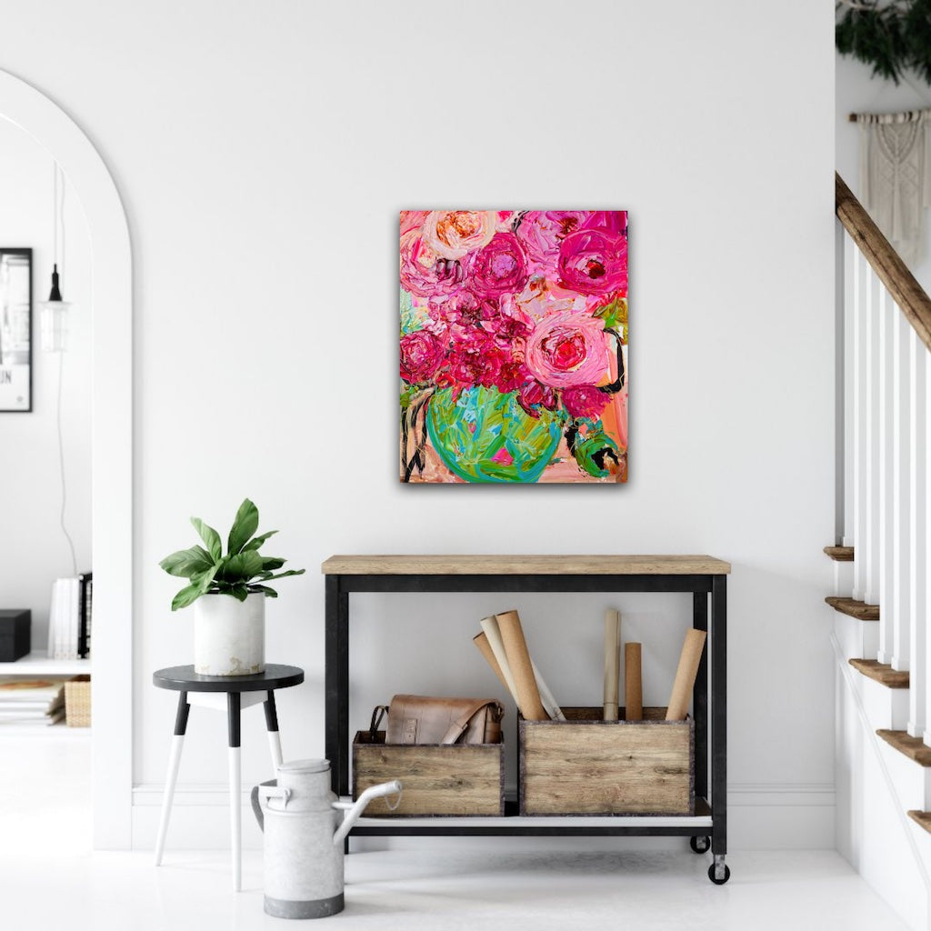 I Love Pink is an original painting with varying shades of pink blooms in a green vase. 50cm x 60cm, acrylic on linen, framed in a Tassie Oak box frame.