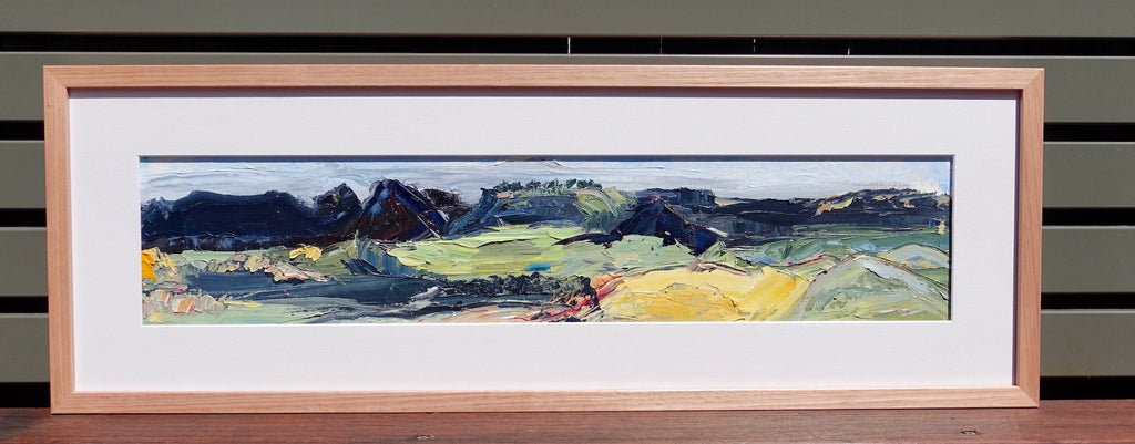 Hills and countryside around Kandos in country NSW, painted in an abstract style. Framed view.