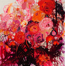 Load image into Gallery viewer, Buds &amp; Blooms is a mass of red, orange and pink flowers in a black lacy vase, 100cm x 100cm Acrylic on Canvas.
