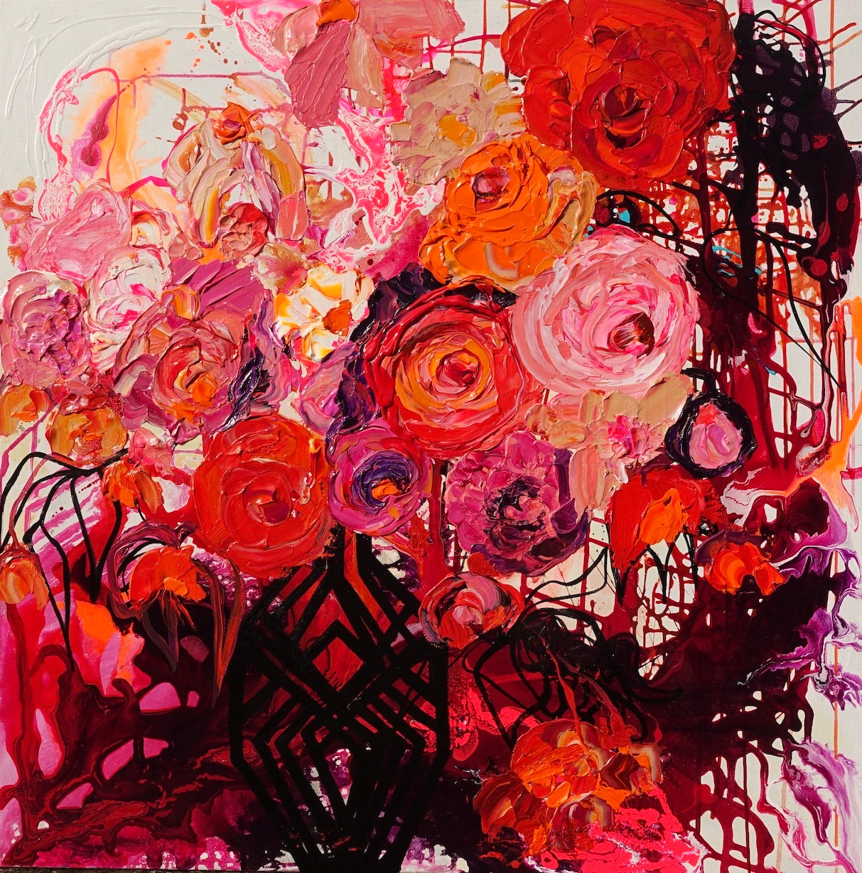 Buds & Blooms is a mass of red, orange and pink flowers in a black lacy vase, 100cm x 100cm Acrylic on Canvas.
