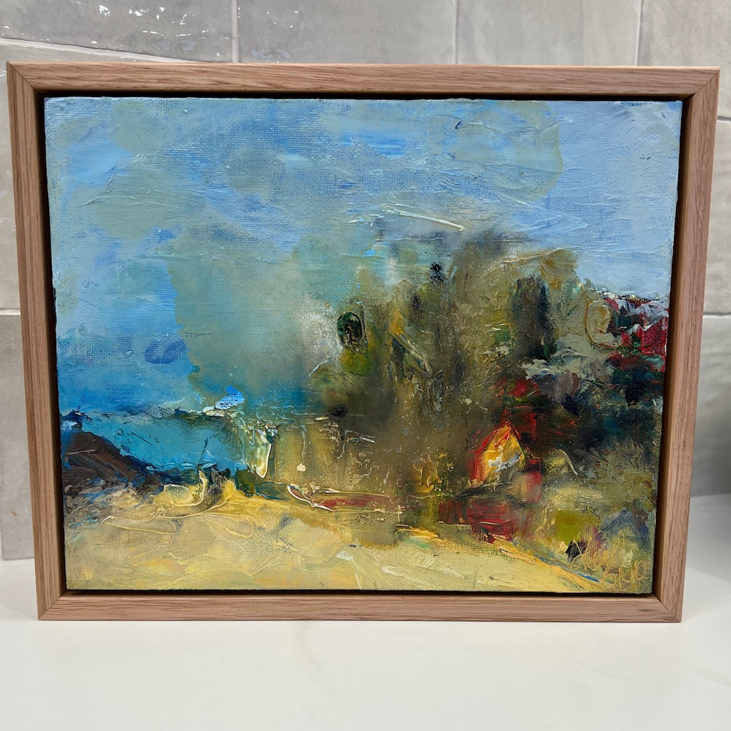 Abstract painting of Little Austinmer Beach, just north of Austinmer Beach near Wollongong NSW. Framed view.