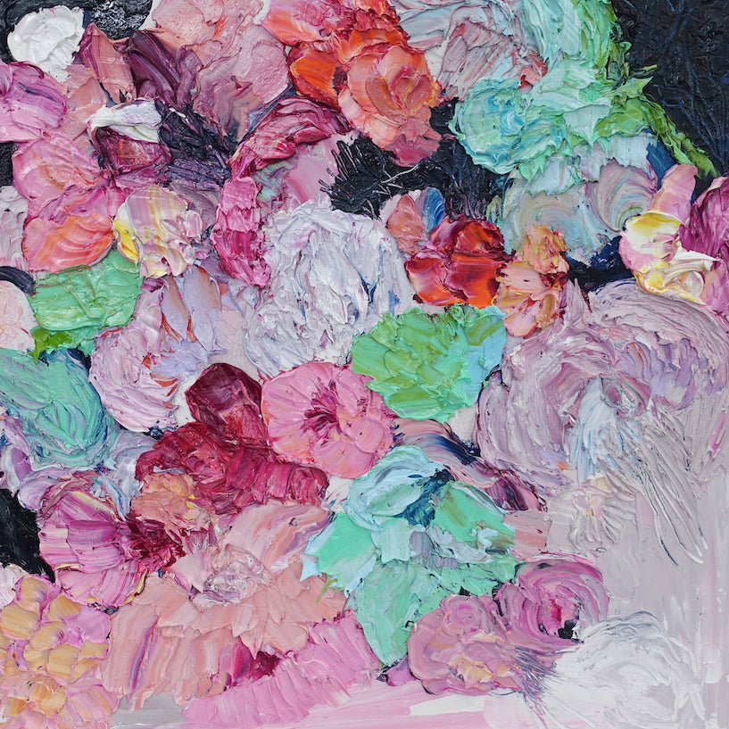 Original painting of a bouquet of pastel coloured blooms, just like a lollipop.