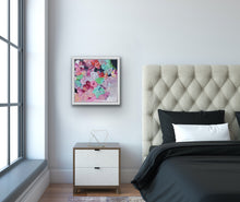 Load image into Gallery viewer, Original painting of a bouquet of pastel coloured blooms, just like a lollipop, shown on a bedroom wall.
