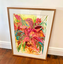 Load image into Gallery viewer, Framed  original artwork on paper by Kerry Bruce of a large vibrant bunch of colourful blooms in shades of pink, aqua, green and yellow.
