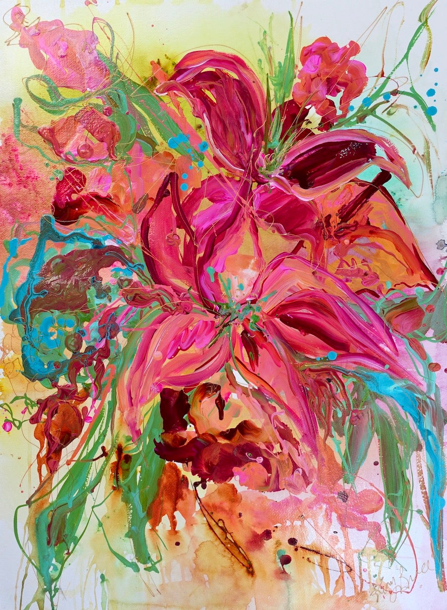 Original artwork on paper by Kerry Bruce. Large vibrant bunch of colourful blooms in shades of pink, aqua, green and yellow.