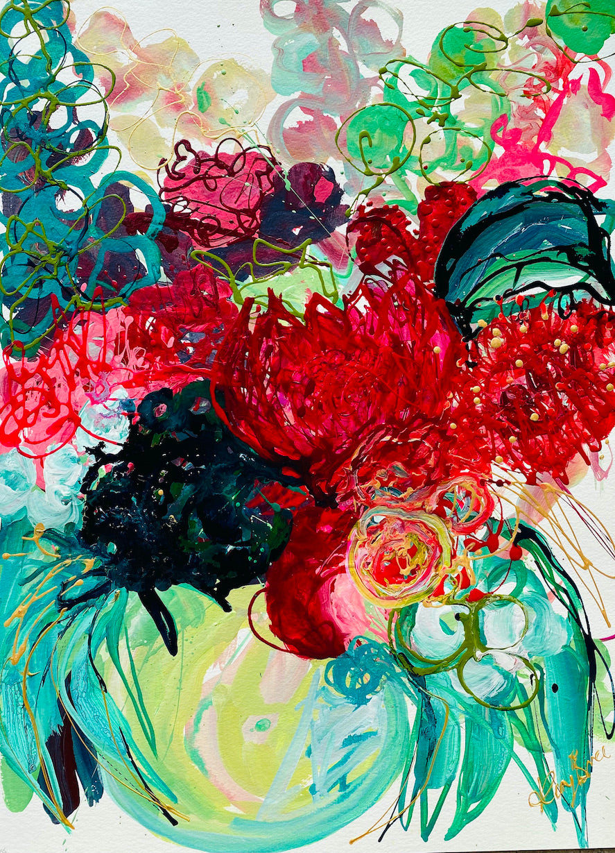 A turquoise Vase of blooms in colourful blooms shades of red, pink and green. An original artwork on archival art paper by Kerry Bruce. 