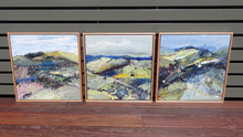 Load image into Gallery viewer, Abstract landscape with flashes of yellow in the countryside and blue mountains and blue sky. Shown alongside matching paintings Country and Hill End.
