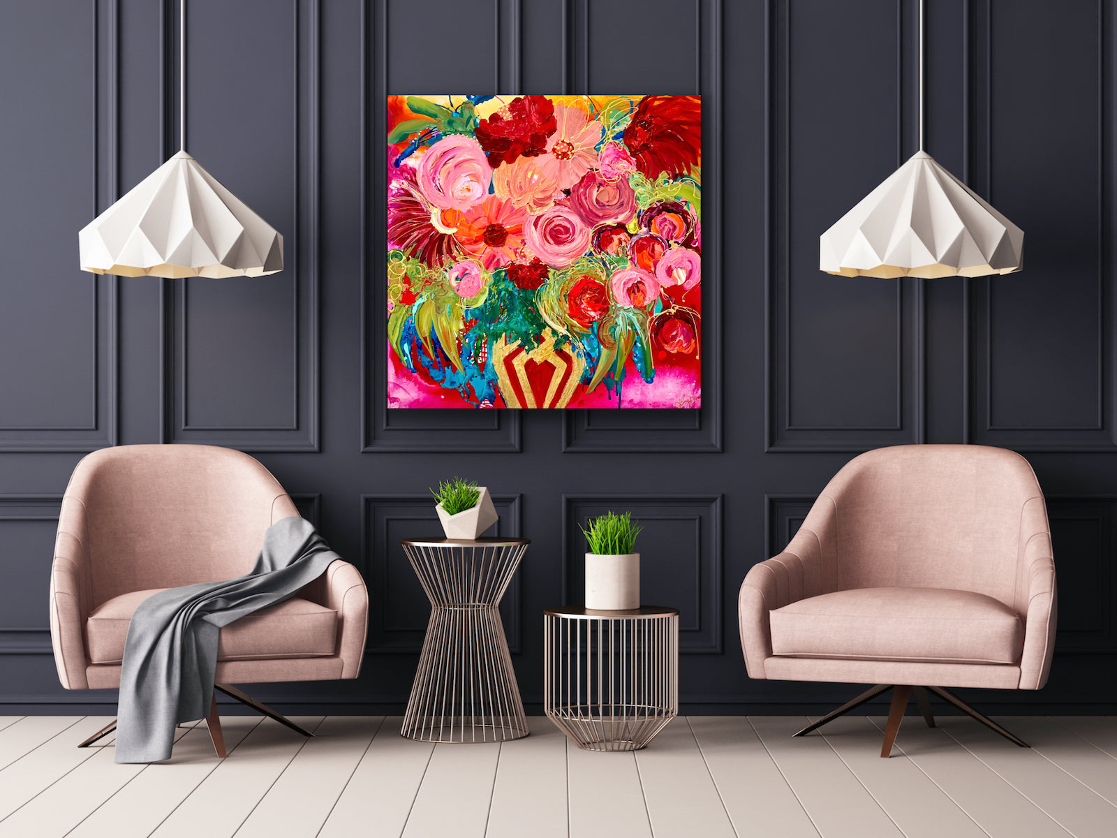 Petal Power is an original painting of a stunning mass of flowers in a gold and red vase against a hot pink background. 94cm x 94cm, acrylic on linen, framed in Tassie Oak box frame. Shown in situ on a charcoal wall above 2 pink arm chairs.