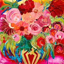 Load image into Gallery viewer, A stunningly beautiful print of a mass of blooms in shades of pink, red outlined in gold, in a gold vase against a hot pink background.
