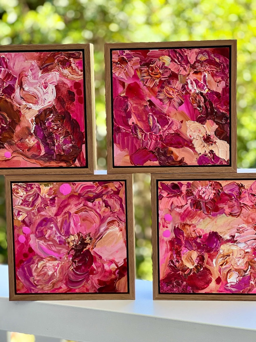 Pink flowers in varying shades from pale pink to hot pink.  Series of 4 paintings.