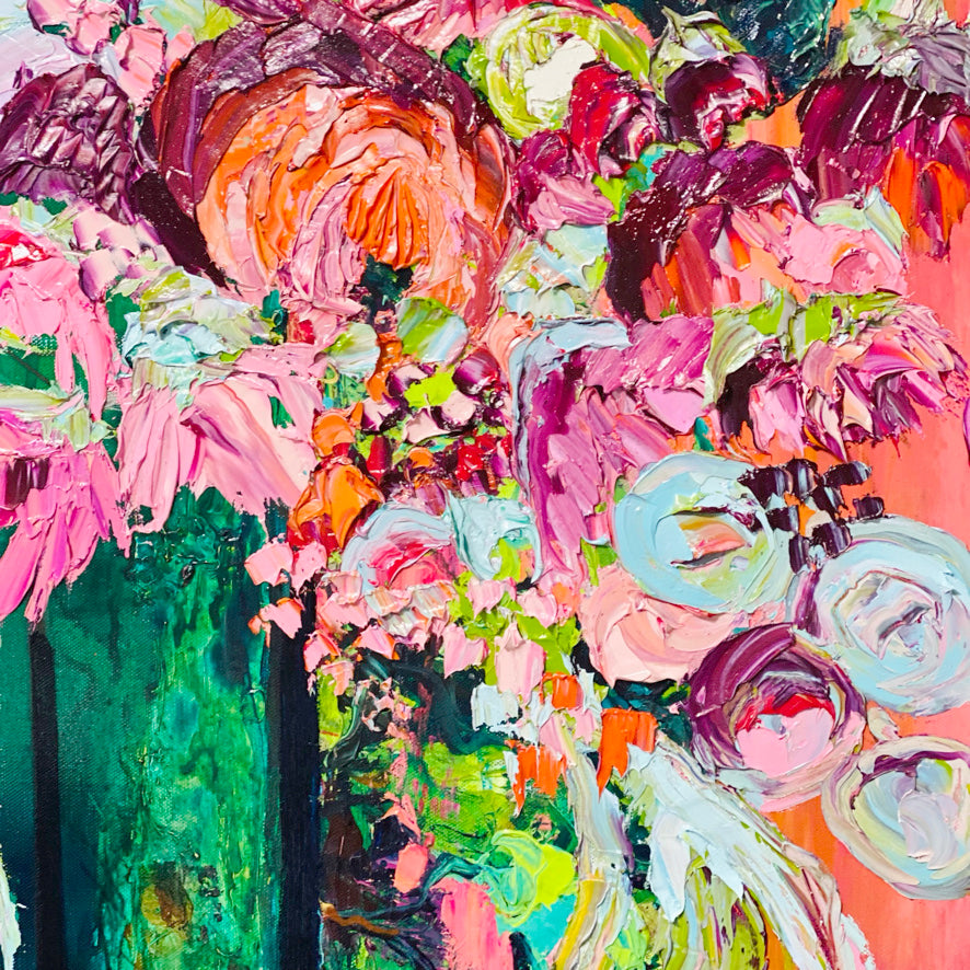 Pure Joy is an original painting of a mass of flowers in a turquoise vase against an apricot background, oil on canvas, 64cm x 64cm. Slightly cropped image shown.