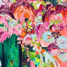 Load image into Gallery viewer, Pure Joy is an original painting of a mass of flowers in a turquoise vase against an apricot background, oil on canvas, 64cm x 64cm. Slightly cropped image shown.
