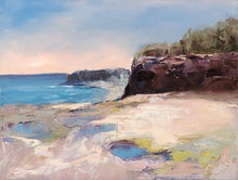 Load image into Gallery viewer, Ocean and rock pools in soft pastel colours with reddish brown cliffs.
