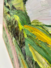 Load image into Gallery viewer, Abstract landscape of rolling green and yellow hills and a winding pink road. Detail view.
