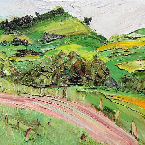 Abstract landscape of rolling green and yellow hills and a winding pink road. Square view.