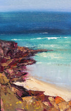 Load image into Gallery viewer, Abstract beach scene with buttercup coloured sand, turquoise ocean and reddish brown rocks in the corner of the beach.
