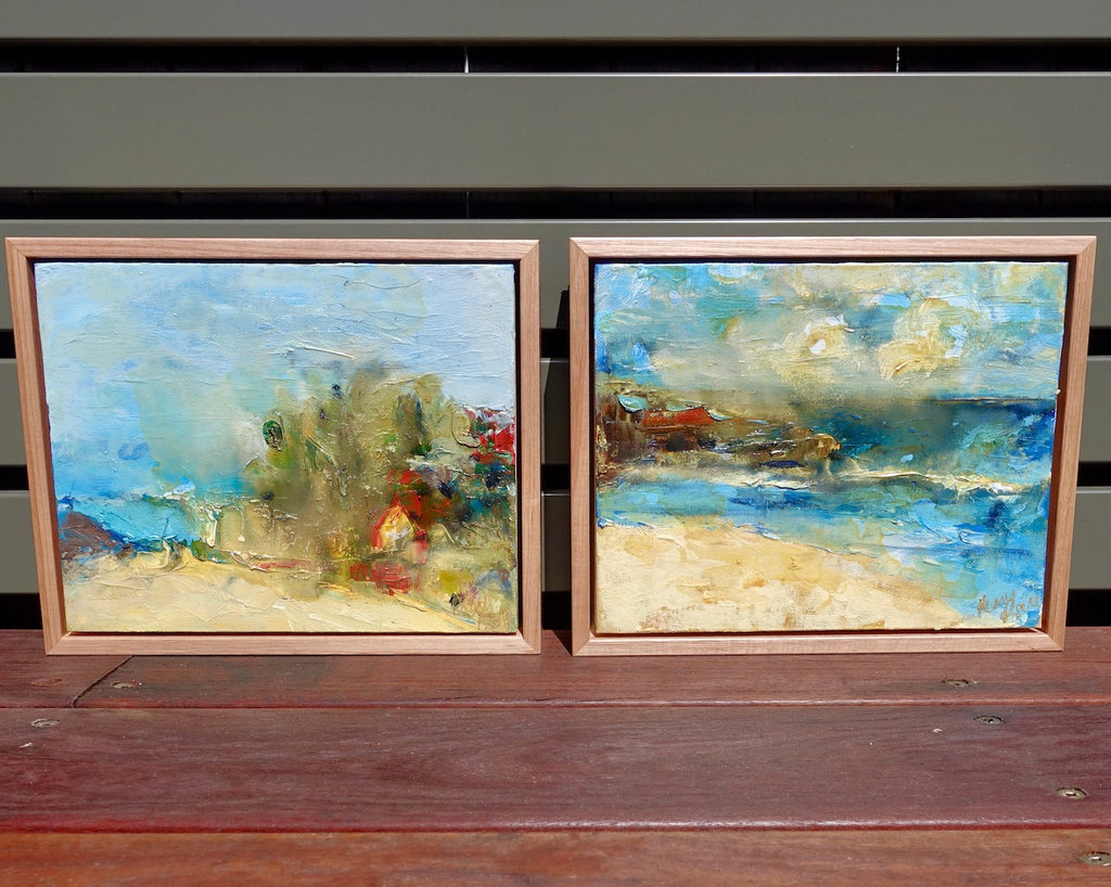 Abstract coastal scene in shades of yellow and blue. Shown alongside matching painting, Little Austi Beach.