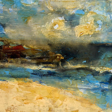 Load image into Gallery viewer, Abstract coastal scene in shades of yellow and blue. Square view.
