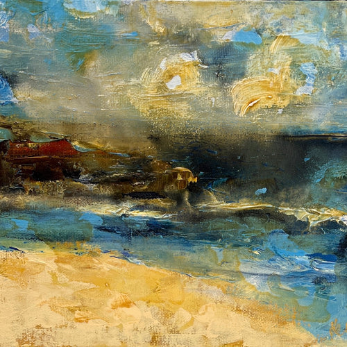 Abstract coastal scene in shades of yellow and blue. Square view.