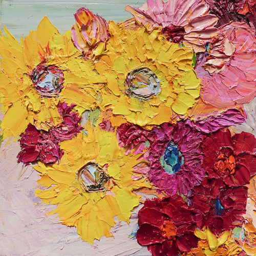 A painting of a pretty mass of blooms in shades of yellow, red, pale and deep pink.