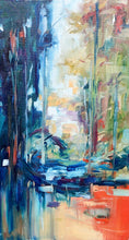 Load image into Gallery viewer, Looking through a stand of trees painted in abstract style with multicolours.
