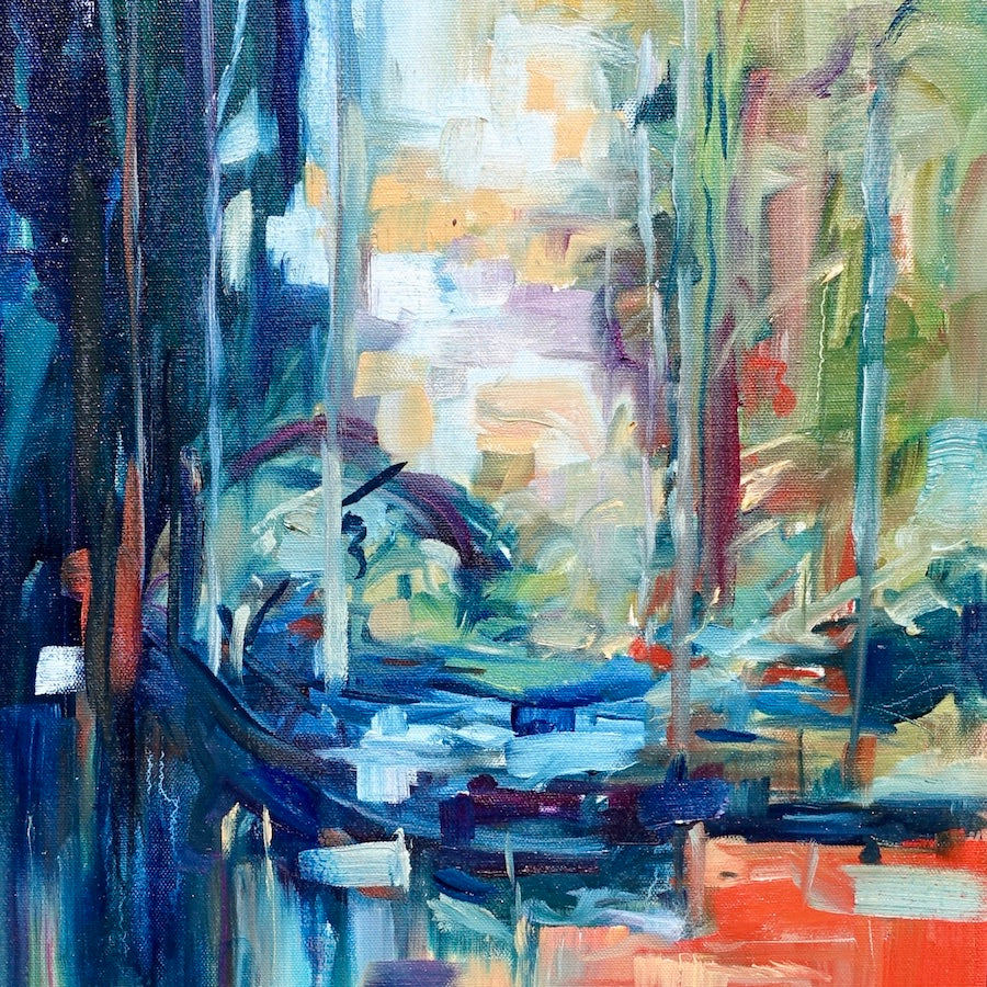 Looking through a stand of trees painted in abstract style with multicolours. Square view.