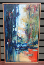 Load image into Gallery viewer, Looking through a stand of trees painted in abstract style with multicolours. Framed view.
